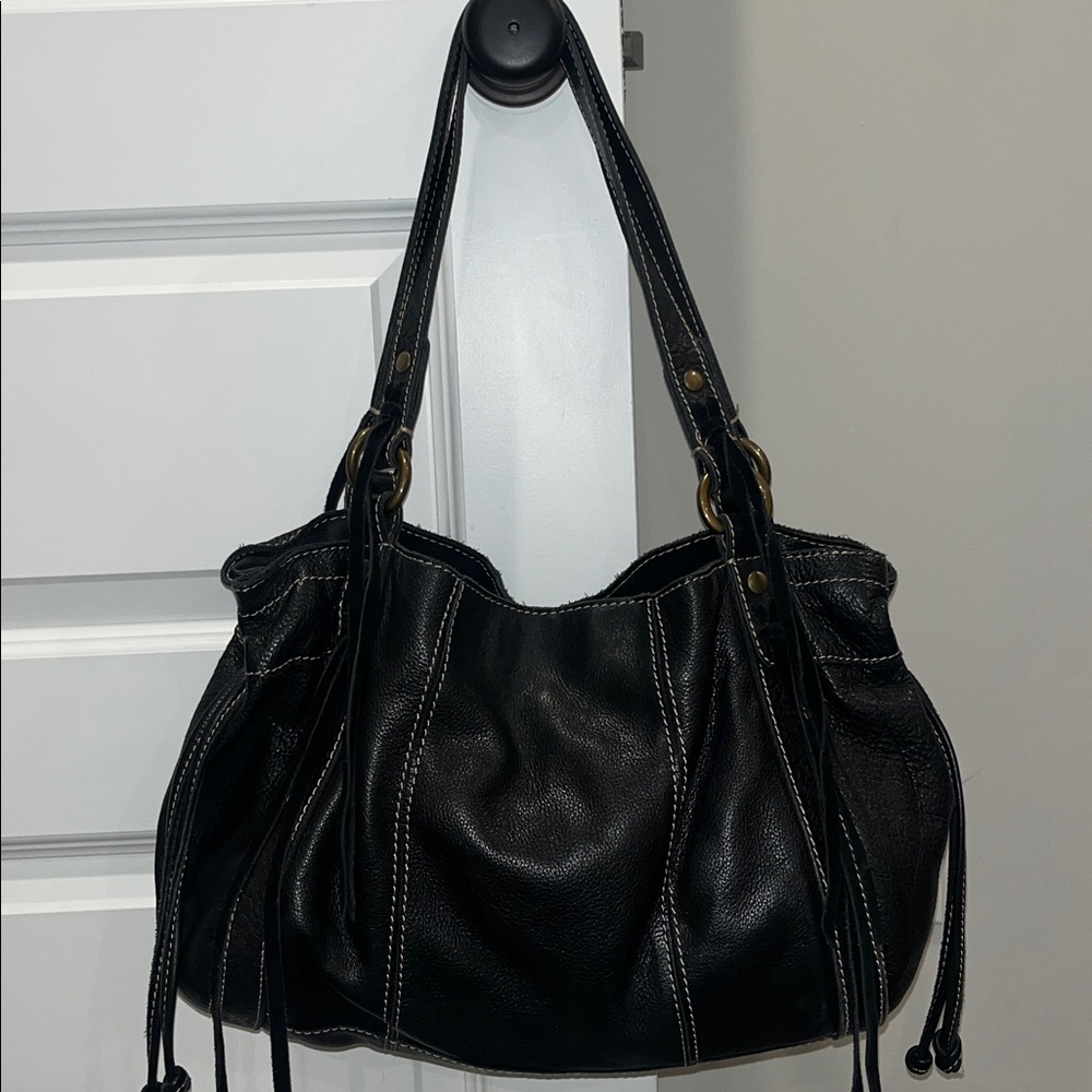 Lucky Brand black leather fringe hobo tooled boho bag vintage inspired - Picture 4 of 11